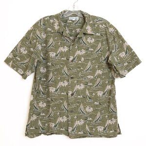 Reyn Spooner x Uniqlo Hawaiian Aloha Shirt Green Palm Tree Sailboat Print Small